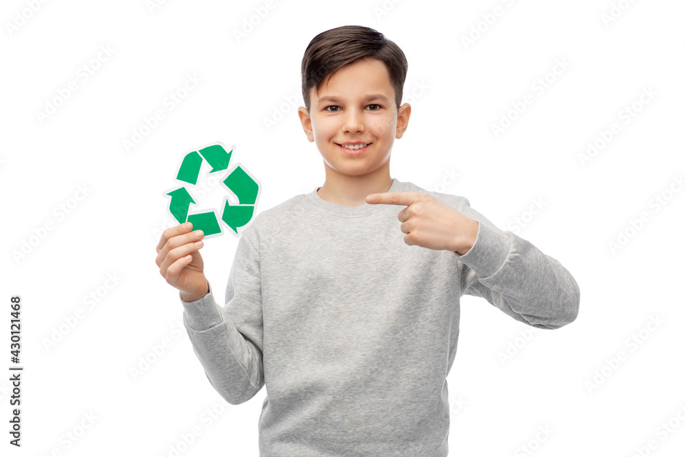eco living, environment and sustainability concept - smiling boy showing green recycling sign over white background eco living, environment and sustainability concept - smiling boy showing green recycling sign over white background