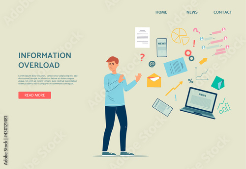 Information overload website banner with worried man flat vector illustration.