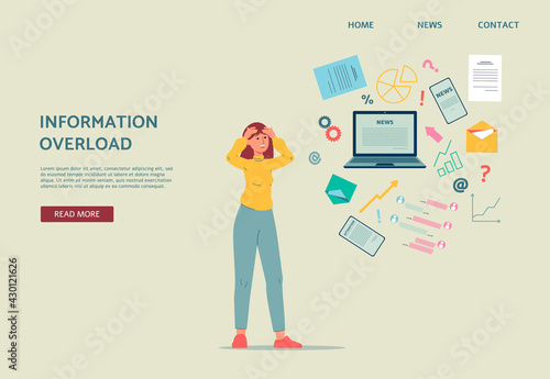 Woman overload of work and stream of information a vector landing page template.