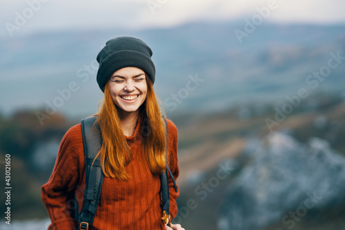 woman hiker with backpack smile landscape mountains travel © SHOTPRIME STUDIO