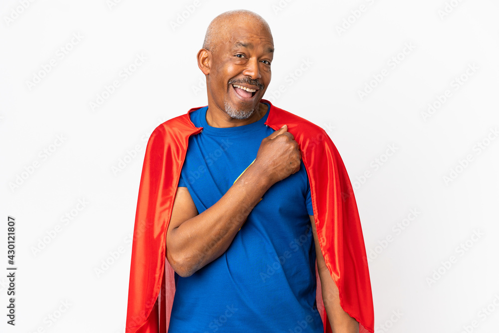 Super Hero senior man isolated on white background celebrating a victory Super Hero senior man isolated on white background celebrating a victory