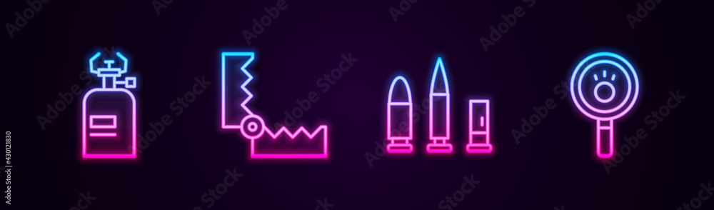 Set line Camping gas stove, Trap hunting, Bullet and cartridge and Paw search. Glowing neon icon. Vector Set line Camping gas stove, Trap hunting, Bullet and cartridge and Paw search. Glowing neon icon. Vector