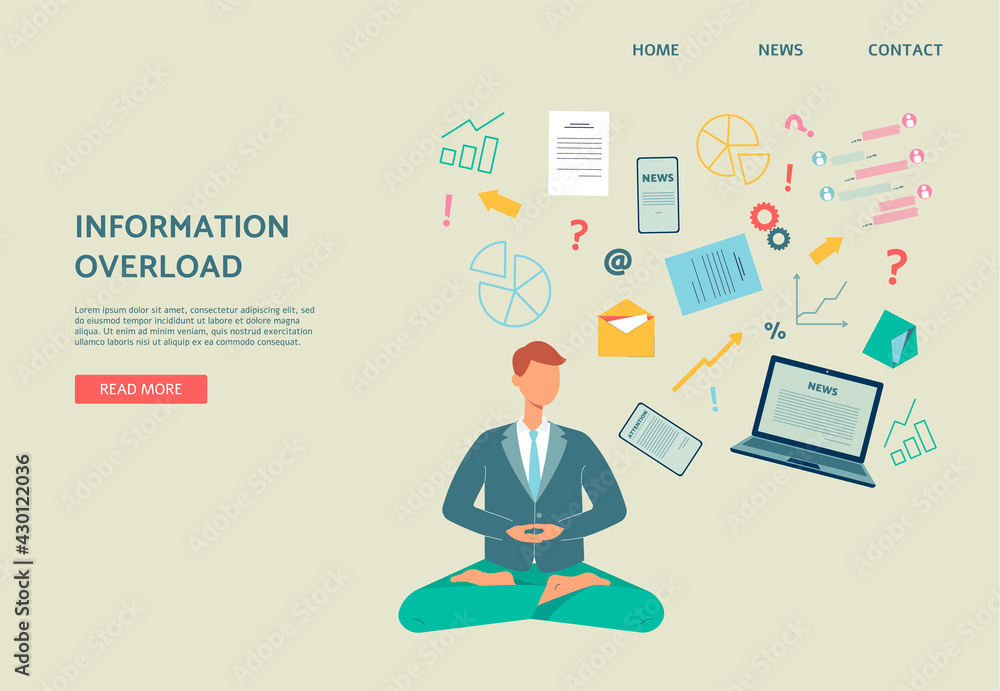 Information overload - website banner with cartoon man in lotus pose Information overload - website banner with cartoon man in lotus pose