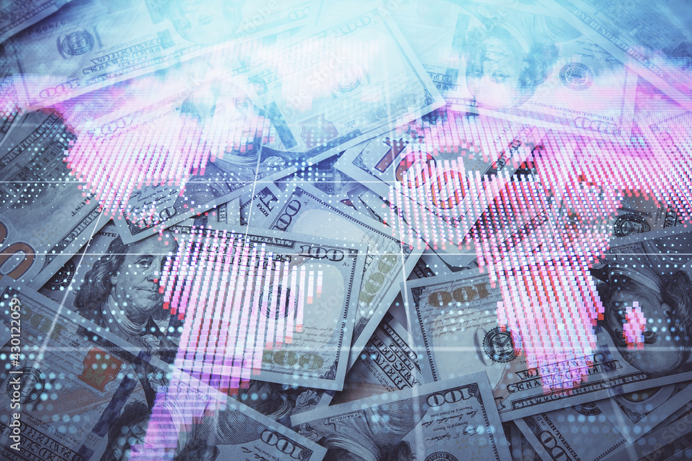 Multi exposure of business theme drawing over us dollars bill background. Concept of financial success. Multi exposure of business theme drawing over us dollars bill background. Concept of financial success.