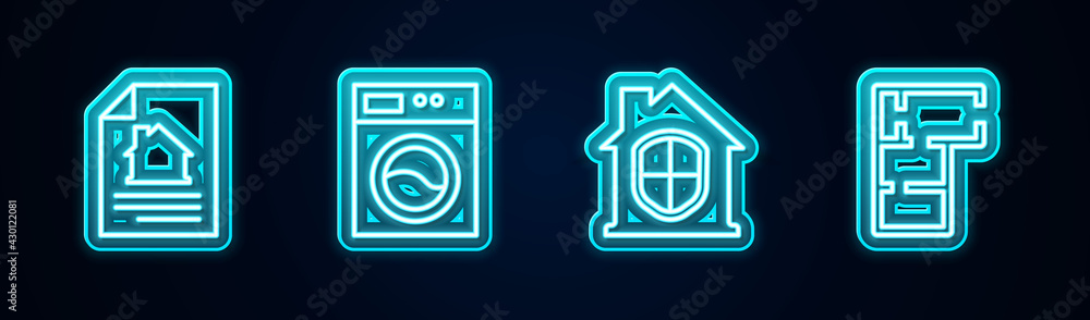 Set line House contract, Washer, under protection and plan. Glowing neon icon. Vector Set line House contract, Washer, under protection and plan. Glowing neon icon. Vector
