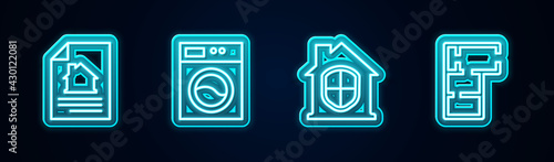 Set line House contract, Washer, under protection and plan. Glowing neon icon. Vector