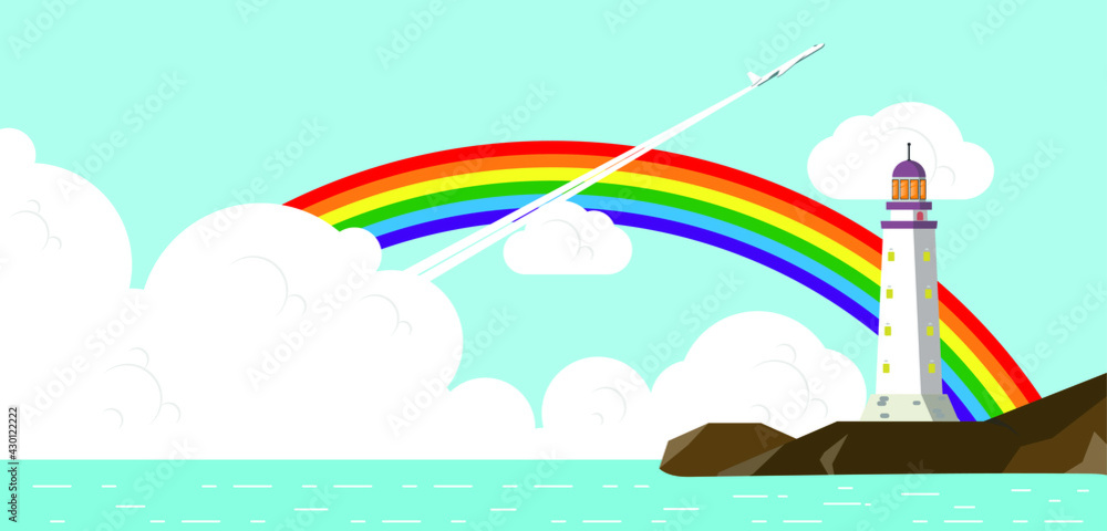 Naklejka premium LGBT symbol. Rainbow, sea, background for text.
