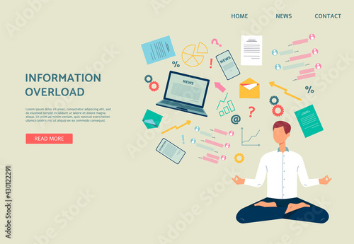 Information overload banner with man anxious of news, flat vector illustration.