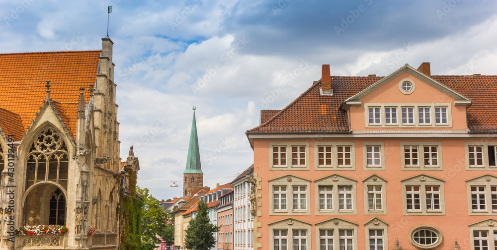 Fototapeta premium Panorama of old buildings on the town square of Braunschweig, Germany