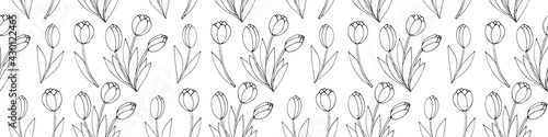 Vector seamless pattern with outline Bouquet of three flowers of tulips. Hand drawn doodle spring texture, background. For wrapping paper, coloring page, mother's or women's or Valentine's Day