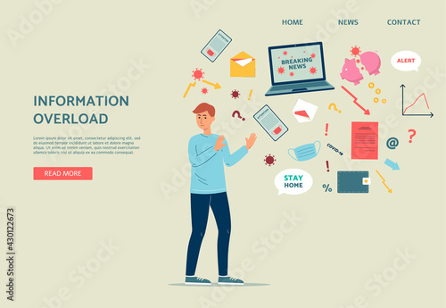 Website on information overload with unpleased man flat vector illustration.