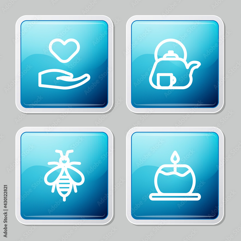 Set line Heart in hand, Teapot with cup, Bee and Aroma candle icon. Vector