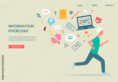 Man in stress running from overload information about covid-19 pandemic.