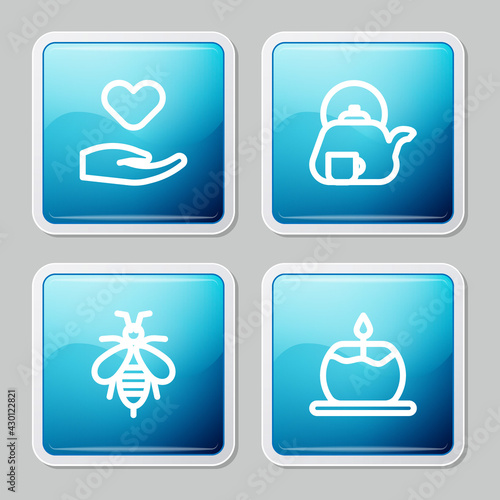 Set line Heart in hand, Teapot with cup, Bee and Aroma candle icon. Vector