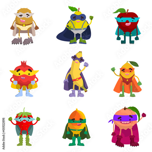 Collection of fruit superheroes. Funny characters in cartoon style.