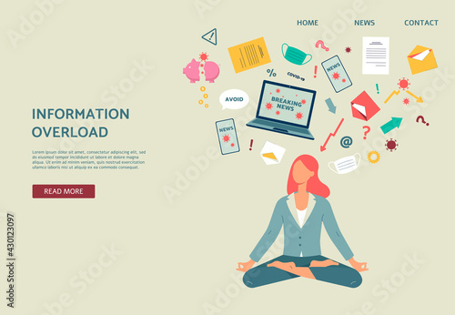 Information overload banner - cartoon woman meditating among stress