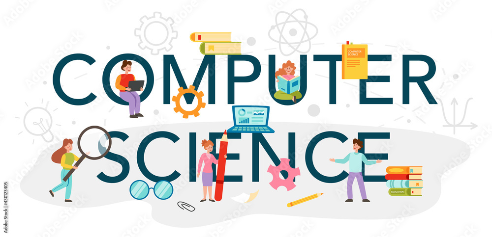 Computer science typographic header. IT education, student write software Computer science typographic header. IT education, student write software