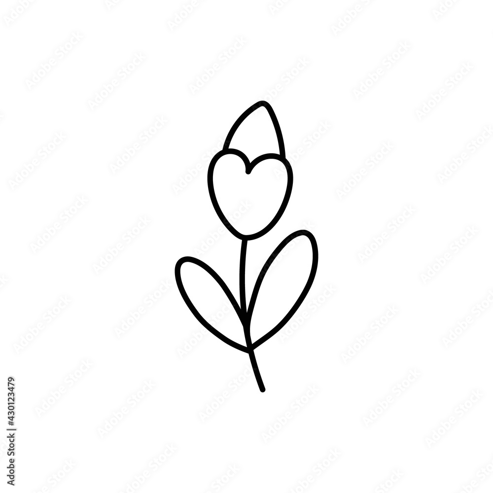 doodle with plants, flower, grass, tulip. Linear vector illustration. hand drawn style symbols and objects . simple, black drawing for sticker, decor, postcard, icon, coloring page, logo.