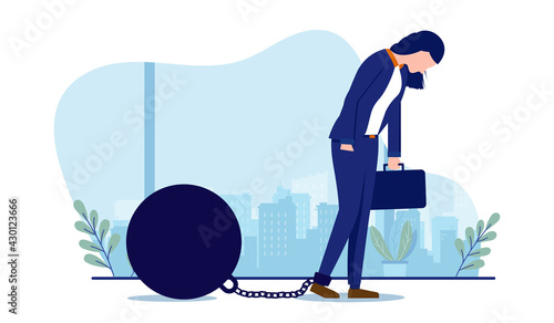 Sad businesswoman with ball on chain, walking while being very tired and burned out. Fatigue, exhaustion and overworked concept. Vector illustration with white background