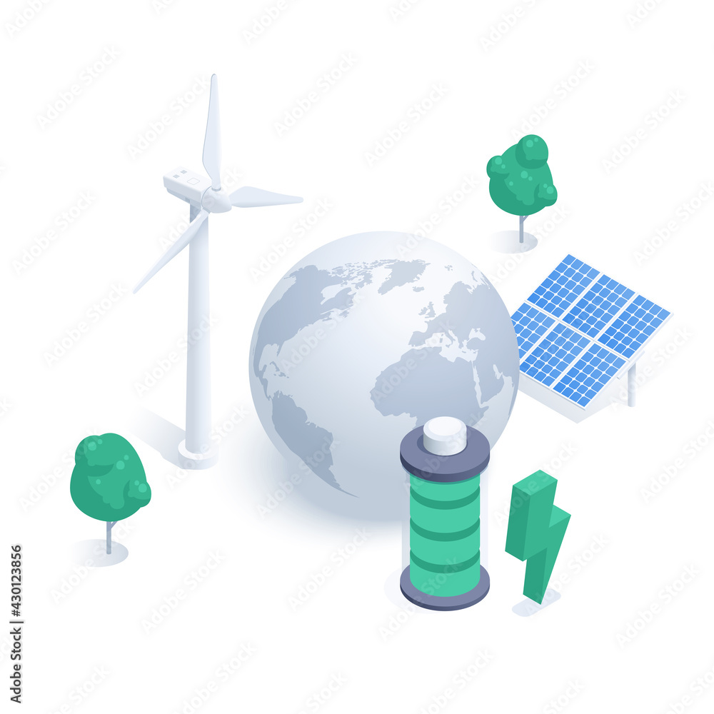 isometric vector illustration isolated on white background, earth globe and solar battery with wind generator, green energy