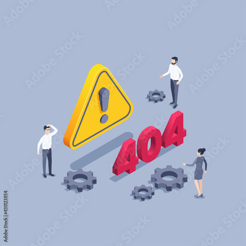 isometric vector illustration on gray background, 404 error, people next to error warning sign and gears, site breakdown