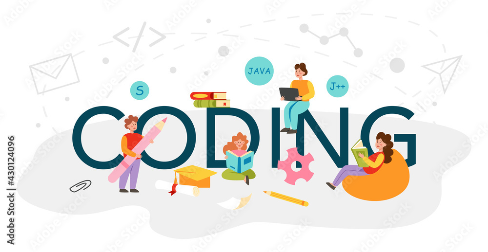 Codding typographic header. IT education, student writing a software Codding typographic header. IT education, student writing a software