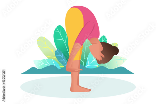 A woman does yoga in nature. Stork pose or stretching pose. The concept of healthy living and yoga in nature. Flat. Cartoon style. Vector.