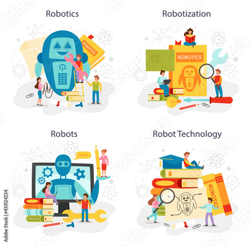 Robotics school subject concept set. Robot engineering and programming