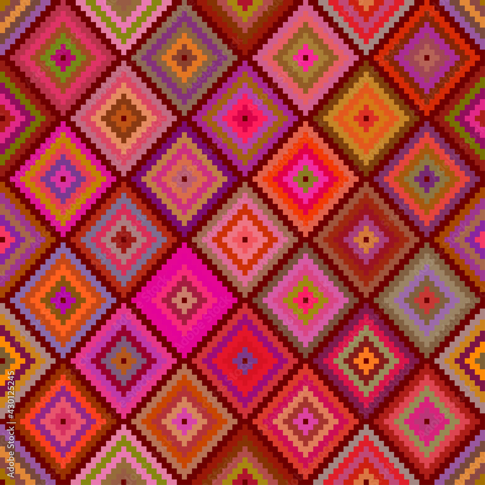 Bright ethnic geometric pattern. Harmonious composition of multi-colored rhombuses and squares