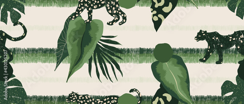 Hand drawn abstract jungle pattern with leopards. Creative collage contemporary seamless pattern. Fashionable template for design.