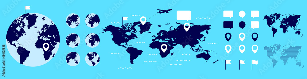 Obraz premium World maps and globe vector set - Collection of earth with map and graphical elements on blue background. Travel concept.