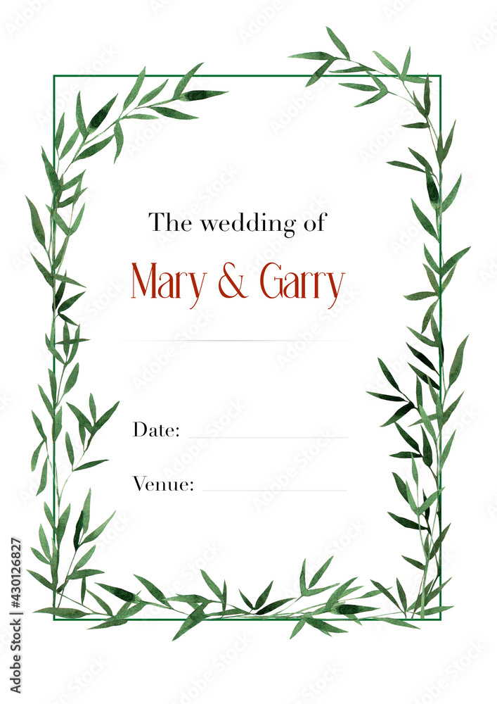 Wedding invitation with green bamboo leaves on a white background. Watercolor. Frame.