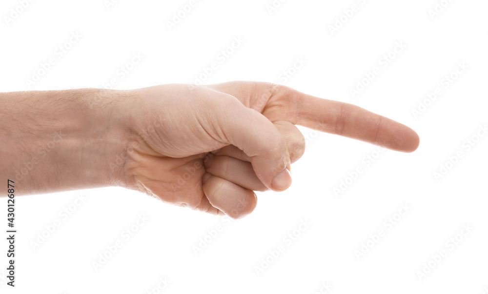 Man pointing with index finger on white background, closeup Man pointing with index finger on white background, closeup