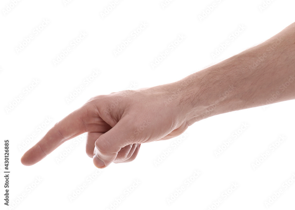 Man pointing with index finger on white background, closeup Man pointing with index finger on white background, closeup