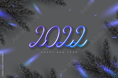2022 Happy New Year banner. Hand writing 3d metallic numbers 2022 with pine branches. Monochrome background with blue contrast. Vector illustration.