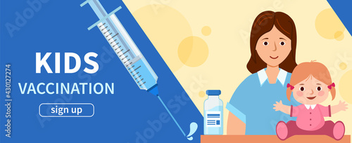Blue banner Kids vaccination. Mom and child in medical clinic. Web site