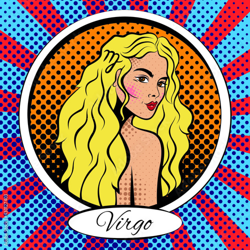 Zodiac sign Virgo woman. Pop art vector illustration. Line art, ideal for poster, print, postcard, colouring book.