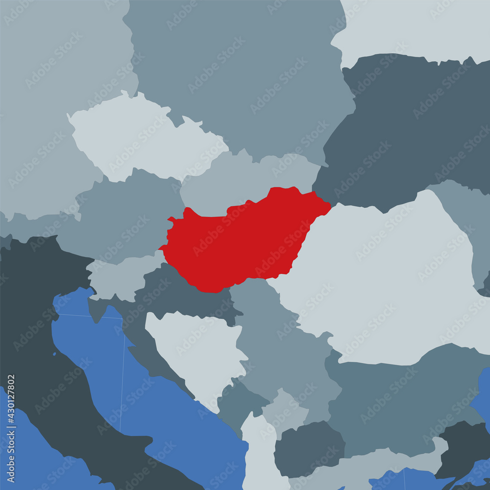 Shape of the Hungary in context of neighbour countries. Country highlighted with red color on world map. Hungary map template. Vector illustration.