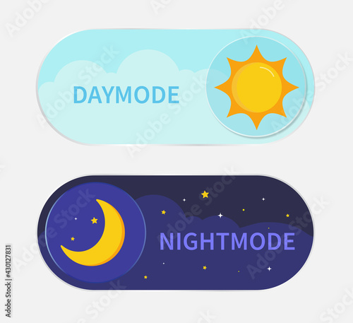 Day and night mode switch sun and moon button. Design for website and application. Vector illustration.