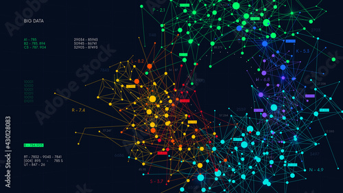 Digital visualization information networks flow, analysis and sorting financial big data, abstract color infographics, vector illustration
