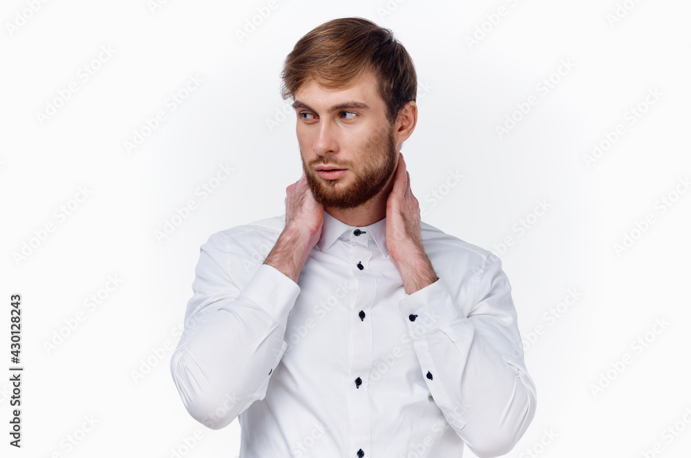 business man in white shirt gesturing with hands on light background cropped view business man in white shirt gesturing with hands on light background cropped view