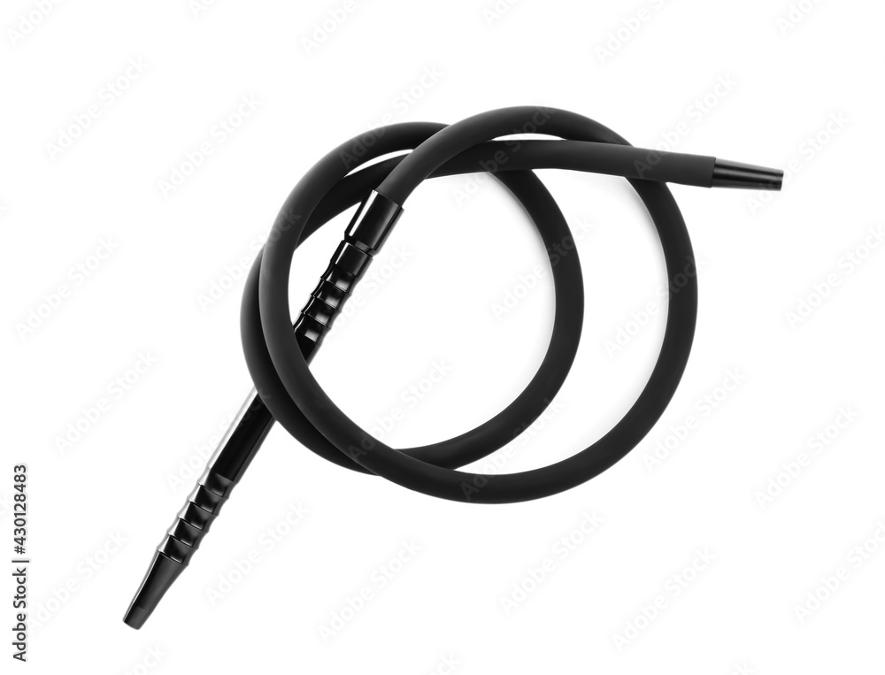 Modern black hookah hose isolated on white, top view Modern black hookah hose isolated on white, top view