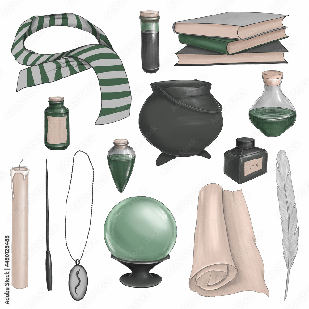 Fototapeta premium Magic set of icons with books, glass bottles, scarf, cauldron, scroll of parchment, feather, bottle of ink, locket with a snake, candle, wand