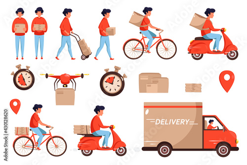 Set of service delivery. Delivery service by truck, drone, scooter and bicycle courier. Lot of parcels, deadline timer. Vector illustration