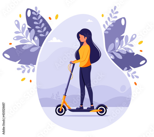 Woman riding electric kick scooter. Modern Eco transport. Vector illustration