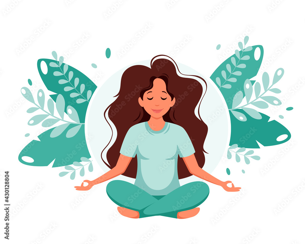 Woman meditating in lotus pose. Healthy lifestyle, yoga, meditation, recreation concept. Vector illustration