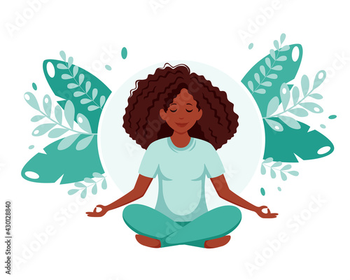 Black woman meditating in lotus pose. Healthy lifestyle, yoga, meditation, recreation concept. Vector illustration