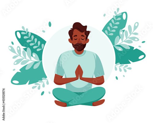 Black man meditating in lotus pose. Healthy lifestyle, yoga, meditation, recreation concept. Vector illustration