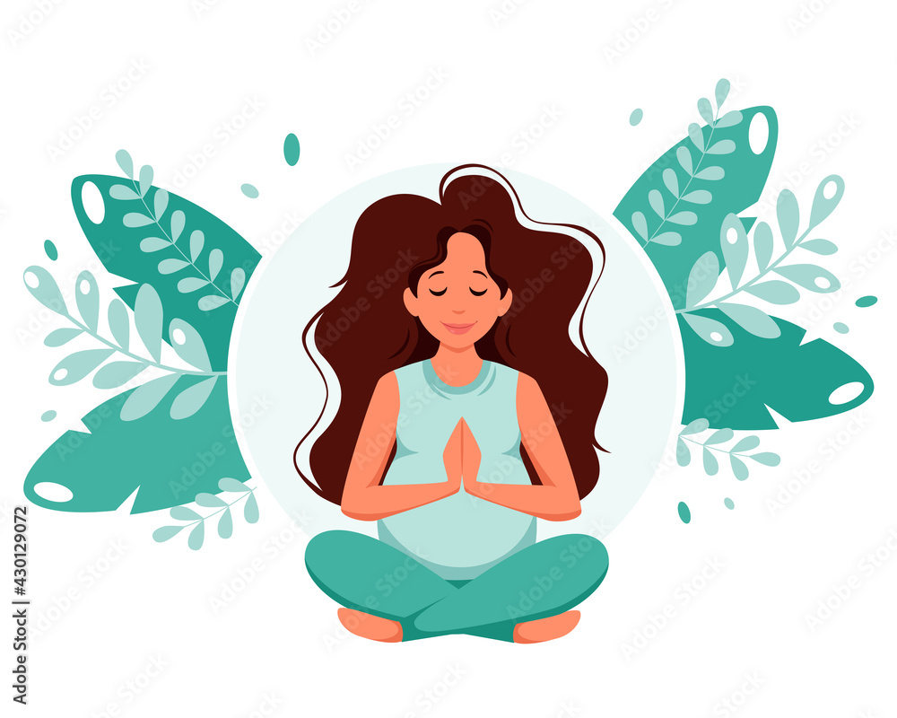 Pregnant woman meditating in lotus pose. Pregnancy health concept. Vector illustration