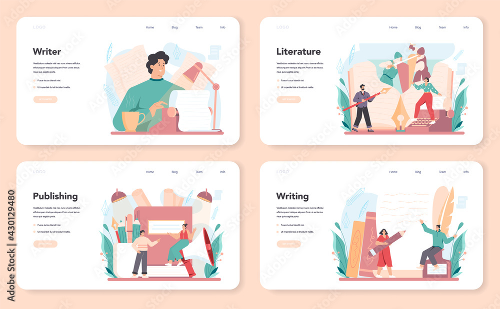Professional writer web banner or landing page set. Author writing script Professional writer web banner or landing page set. Author writing script